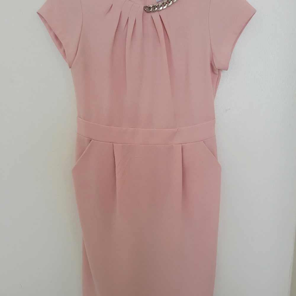 Blush pink sheath dress with side evelope pockets, silver chain buckle at neck